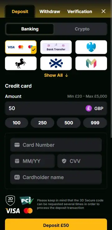 Big bass bonanza no gamstop uk deposit interface showing crypto and card options